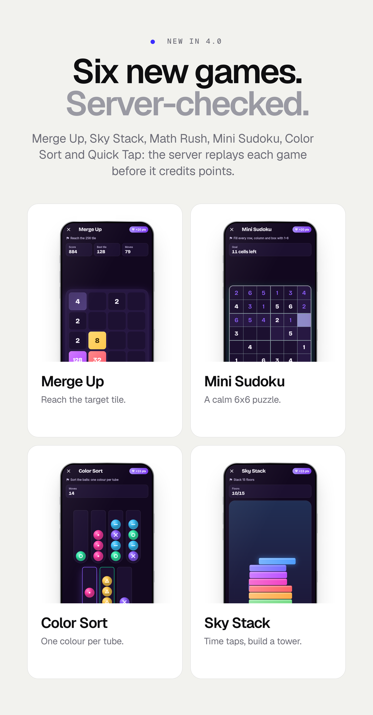 Four of the six new mini-games: Merge Up, Mini Sudoku, Color Sort and Sky Stack, each checked on the server