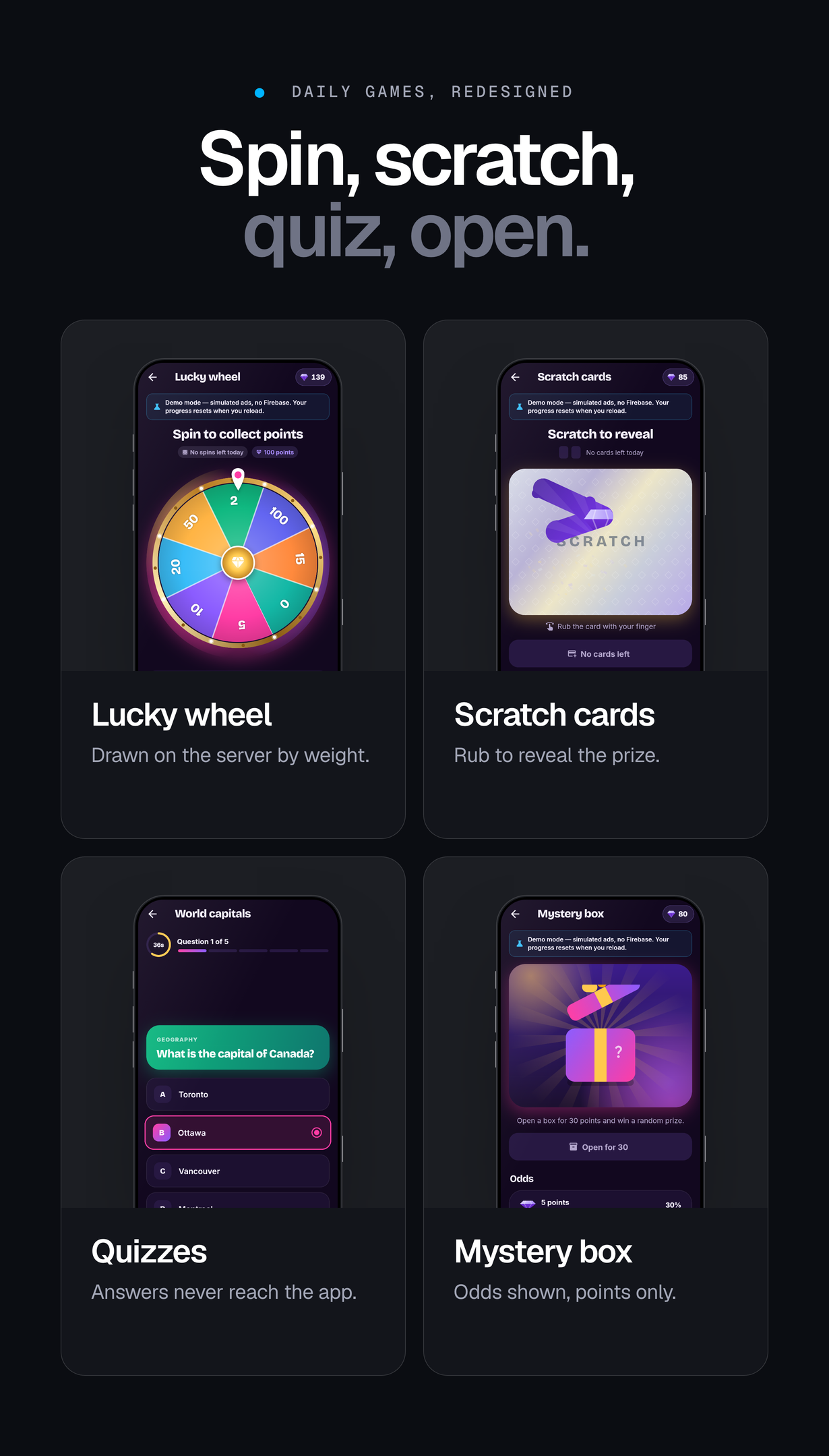 The redesigned lucky wheel, scratch card, quiz and mystery box