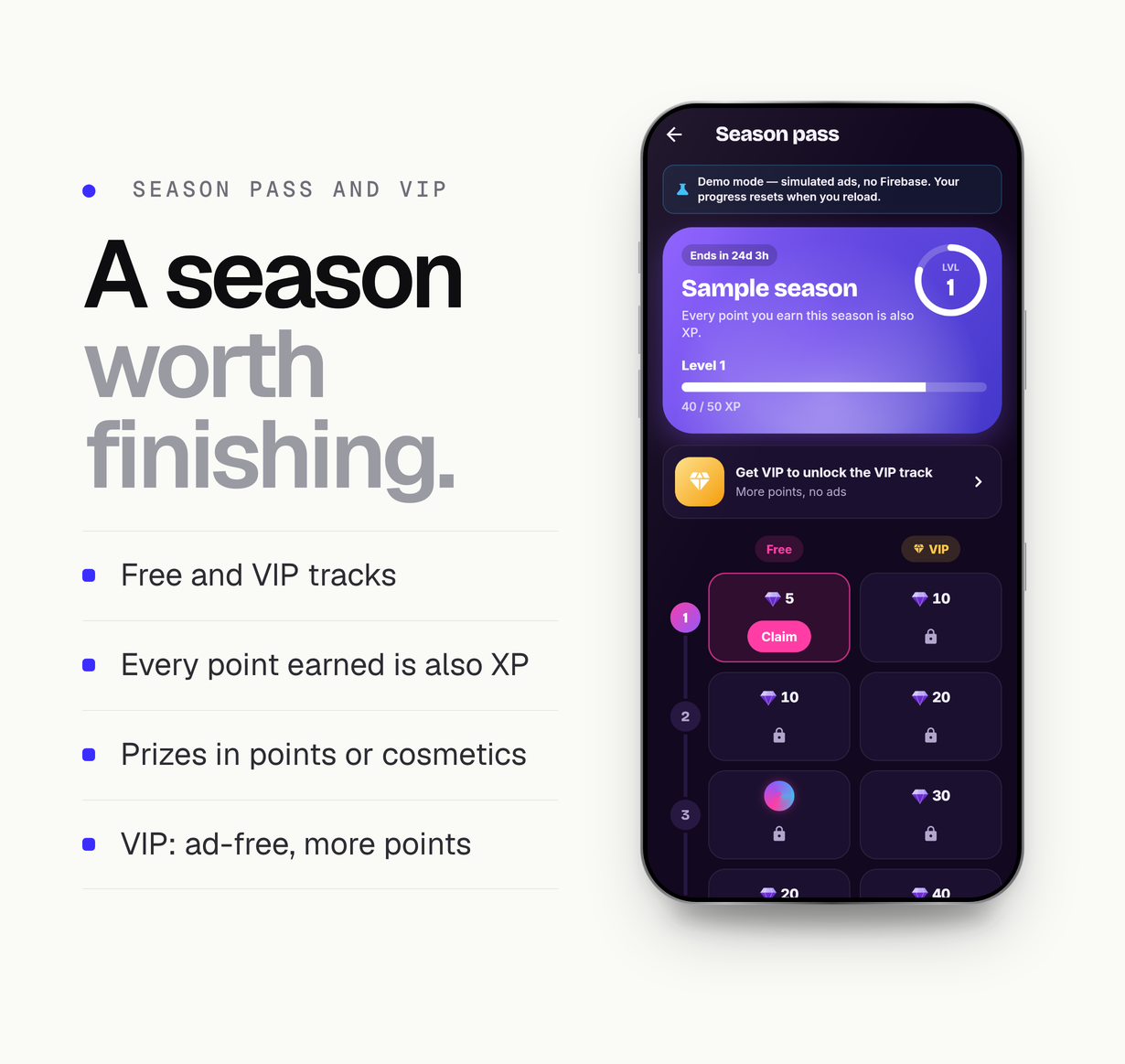 The season pass with its free and VIP tracks on a sample season