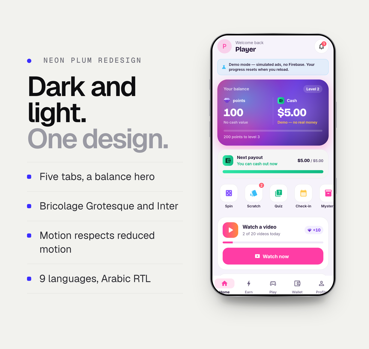 The redesigned home screen in the light theme with both balances and labelled demo cash