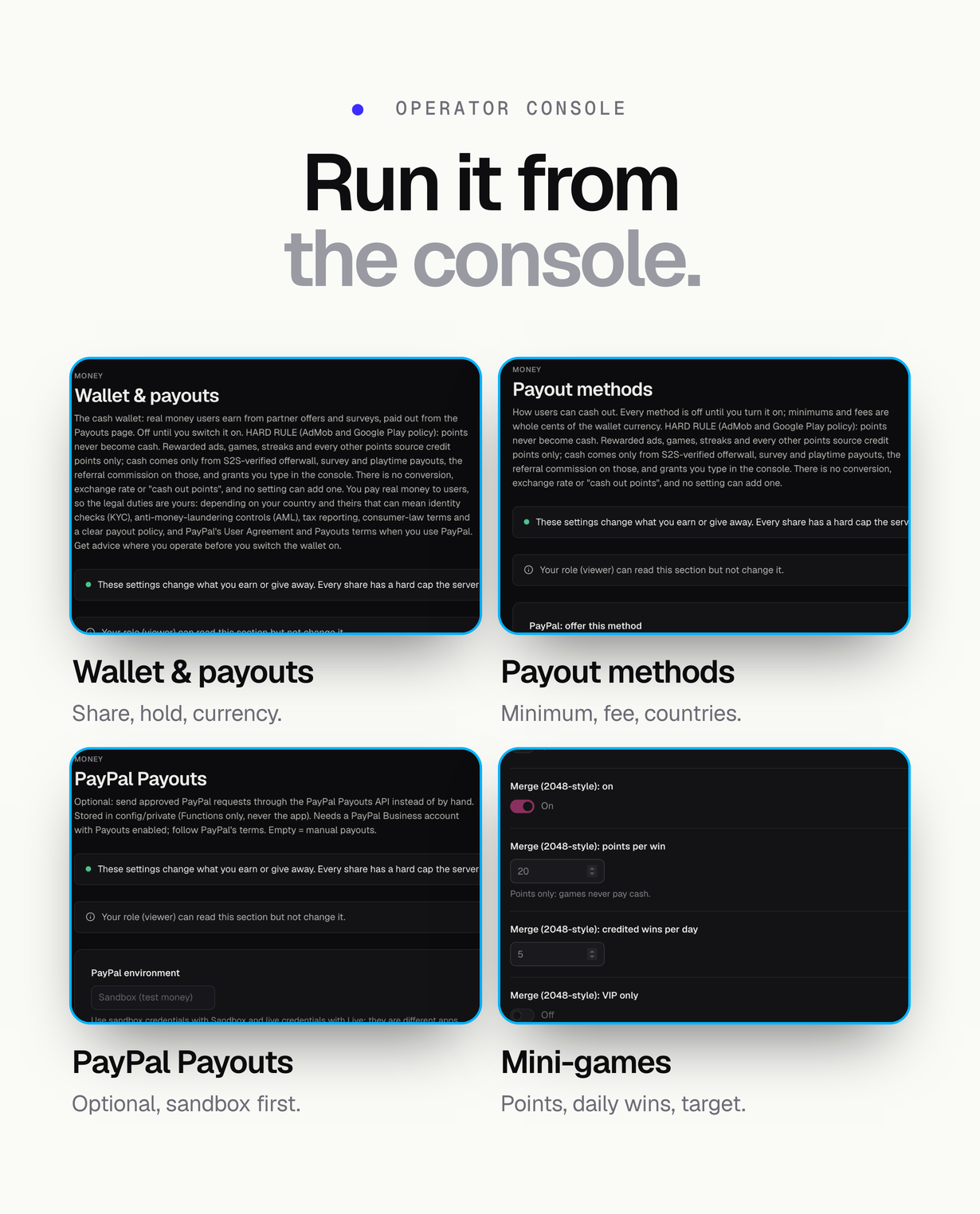 Four console settings pages: wallet and payouts, payout methods, PayPal Payouts and mini-games, read-only demo