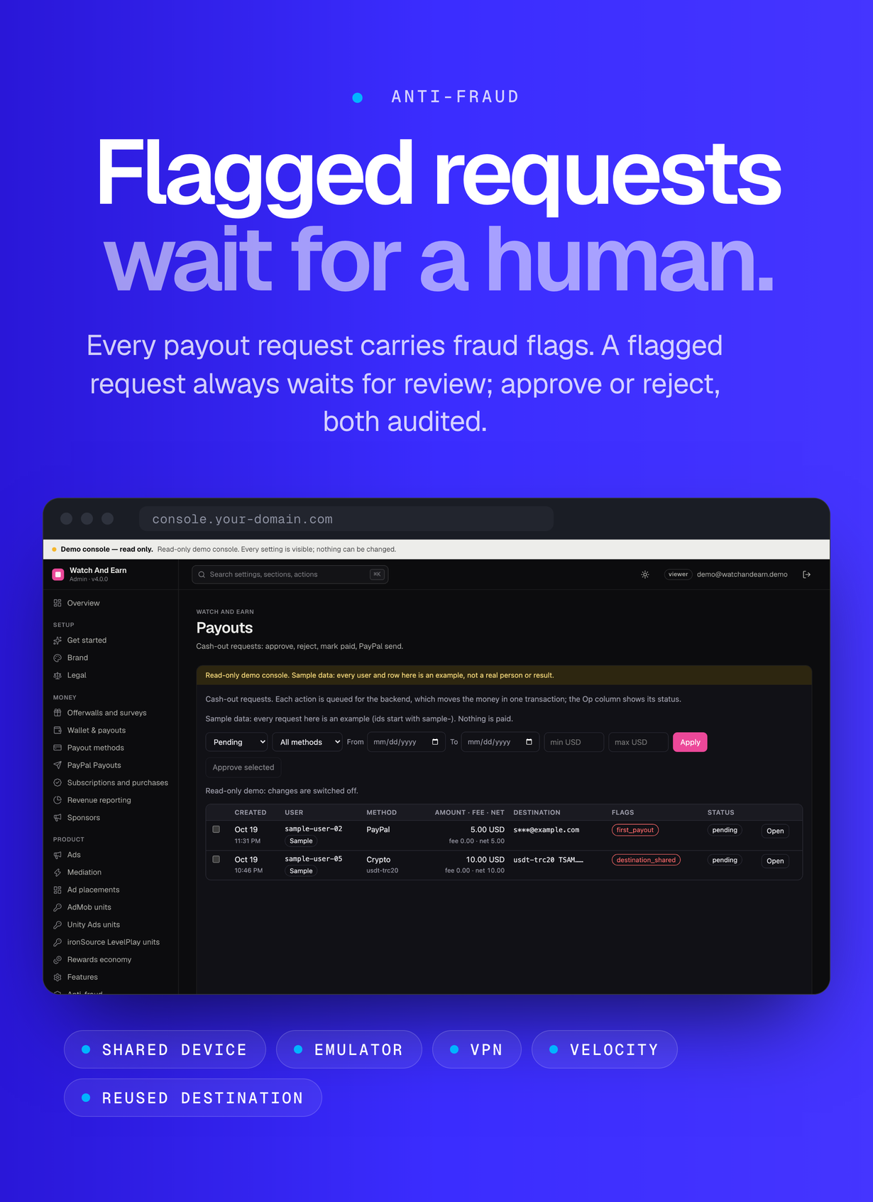 The console's payouts queue with two labelled sample requests and their fraud flags