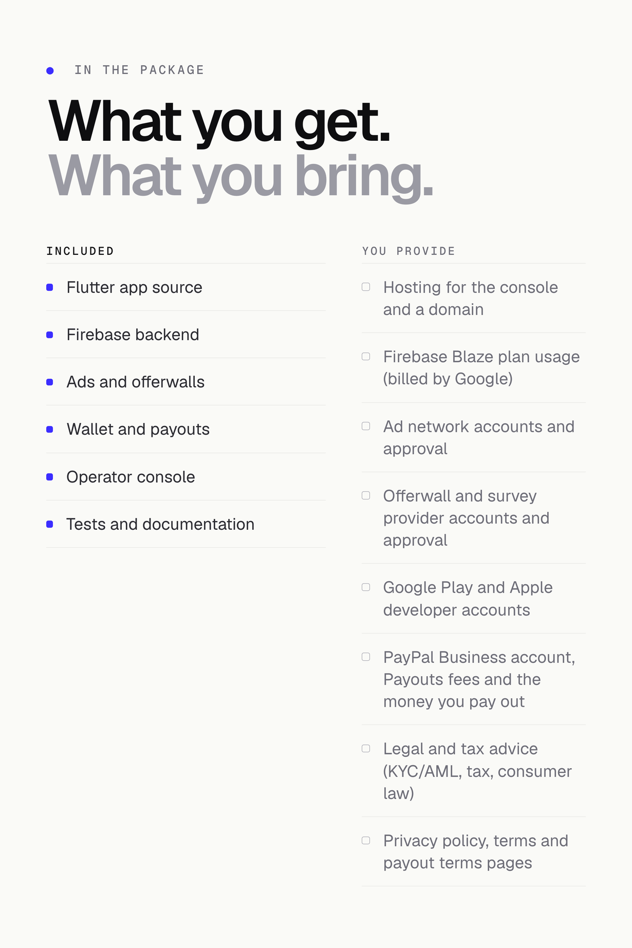 What the download includes and what you bring: app, backend, console, tests and docs against hosting, Firebase usage, ad network and developer accounts