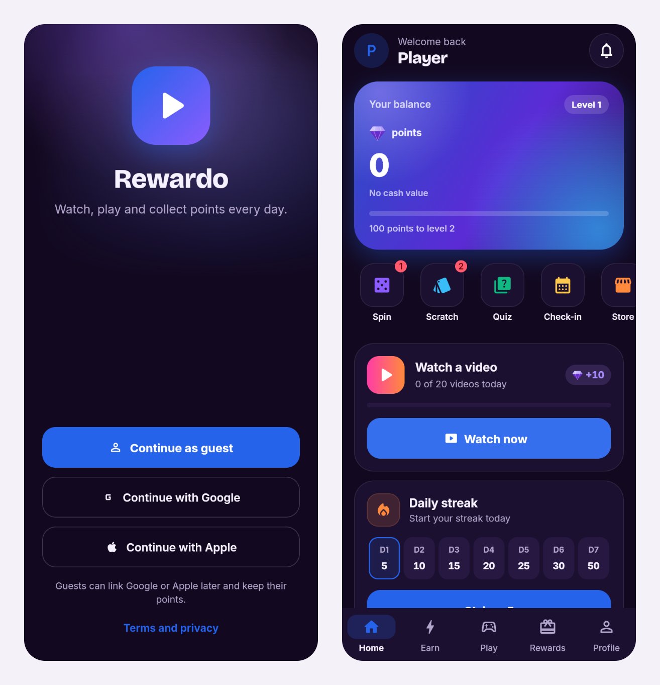 The same sign-in and Home screens showing the name Rewardo and a blue accent on the logo tile, buttons and selected tab