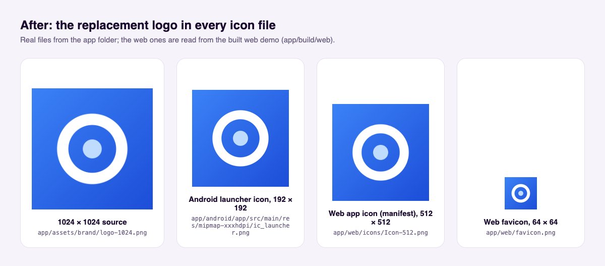 The same four icon files after replacing them with a sample blue ring-and-dot logo and rebuilding