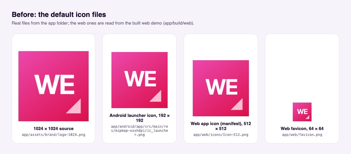 The four default icon files side by side, each labelled with its path, showing the default pink WE icon