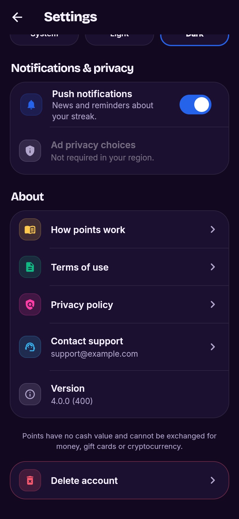App Settings, About section with a Contact support row showing support@example.com
