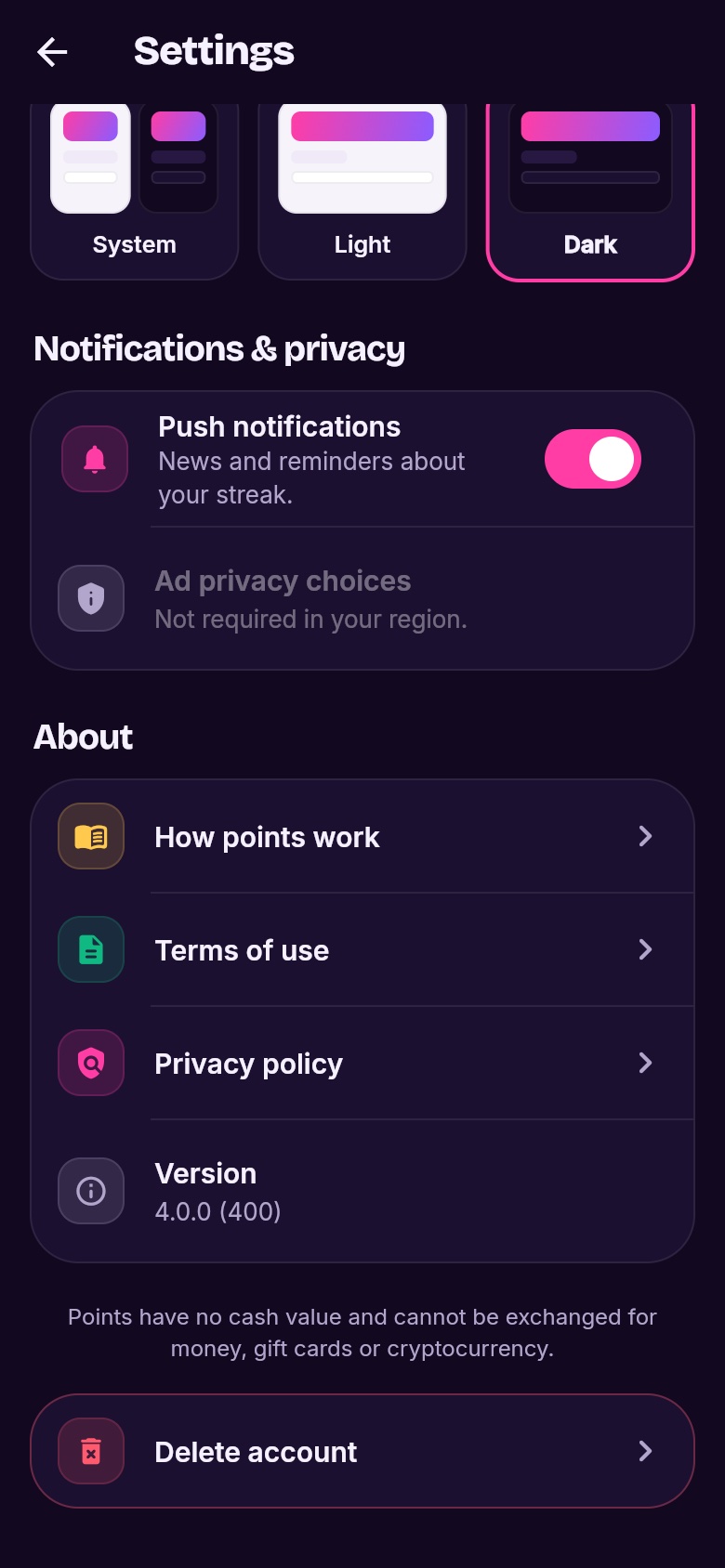 App Settings, About section without a support row