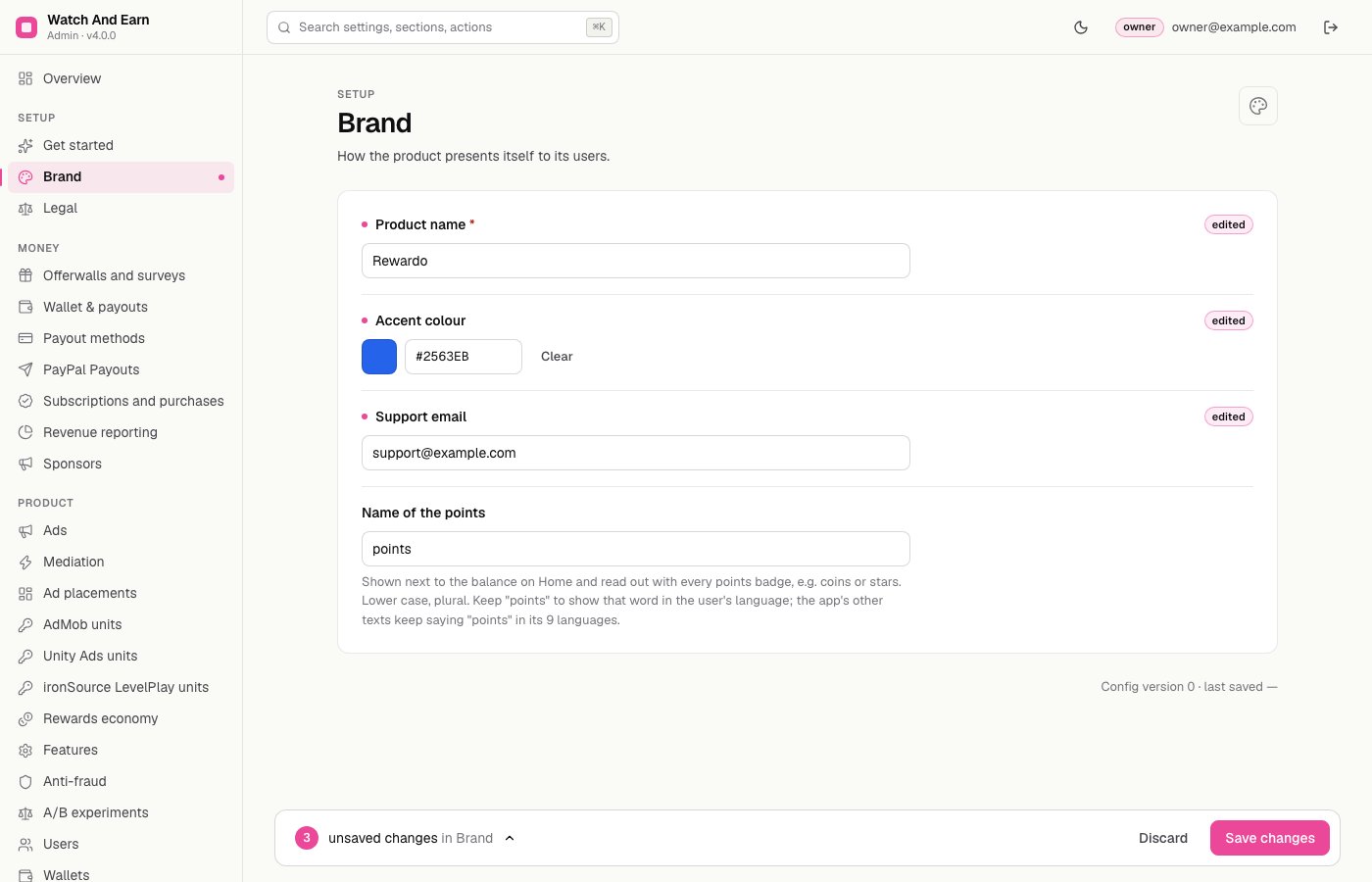 Console Brand page with Rewardo, 2563EB and support@example.com typed in, each field tagged edited, and a bar showing 3 unsaved changes with Discard and Save changes