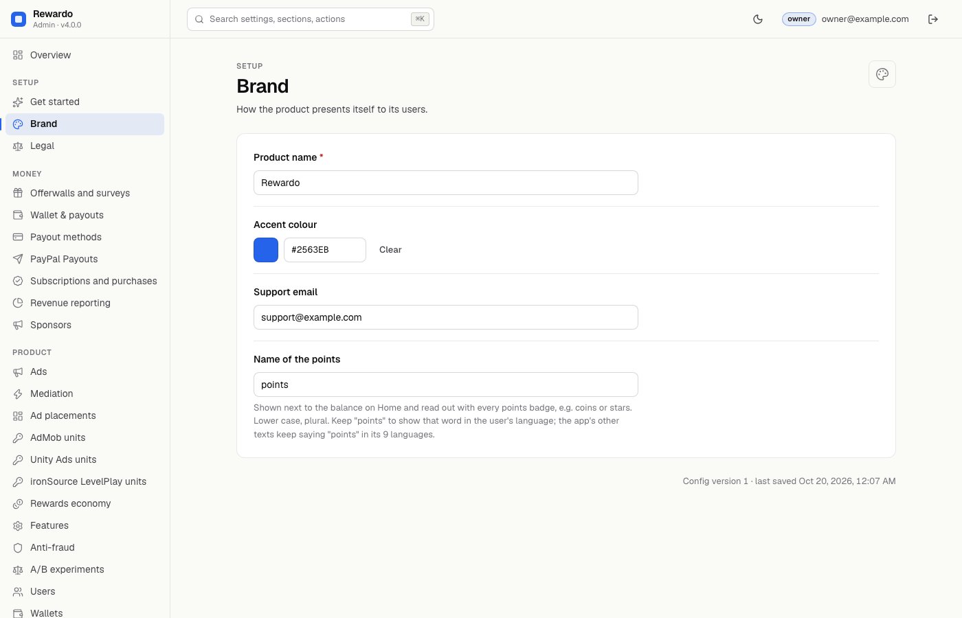 Console Brand page after saving, showing config version 1 and the console header in the new name and colour