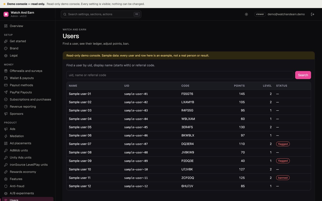 Operator console Users page with sample users, points, levels and status