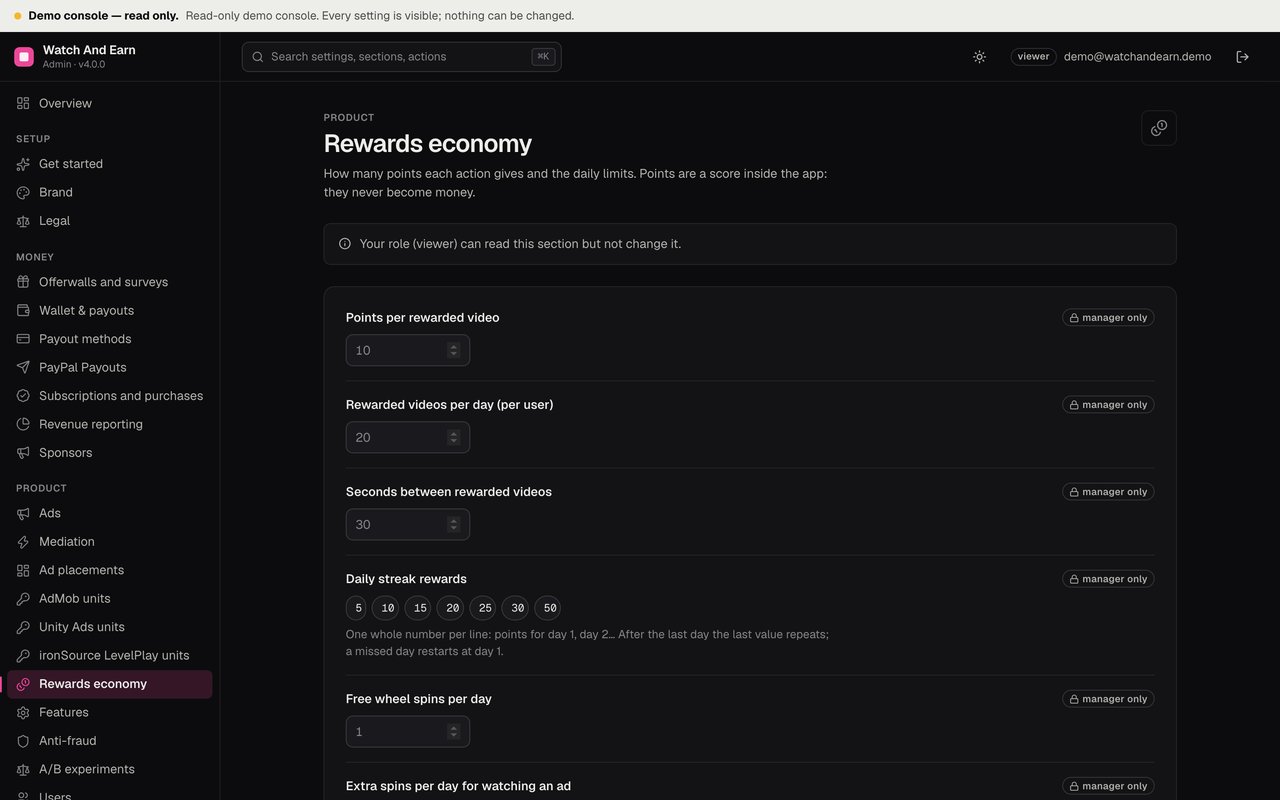 Console Rewards economy section with points per video, daily cap, cooldown and streak rewards