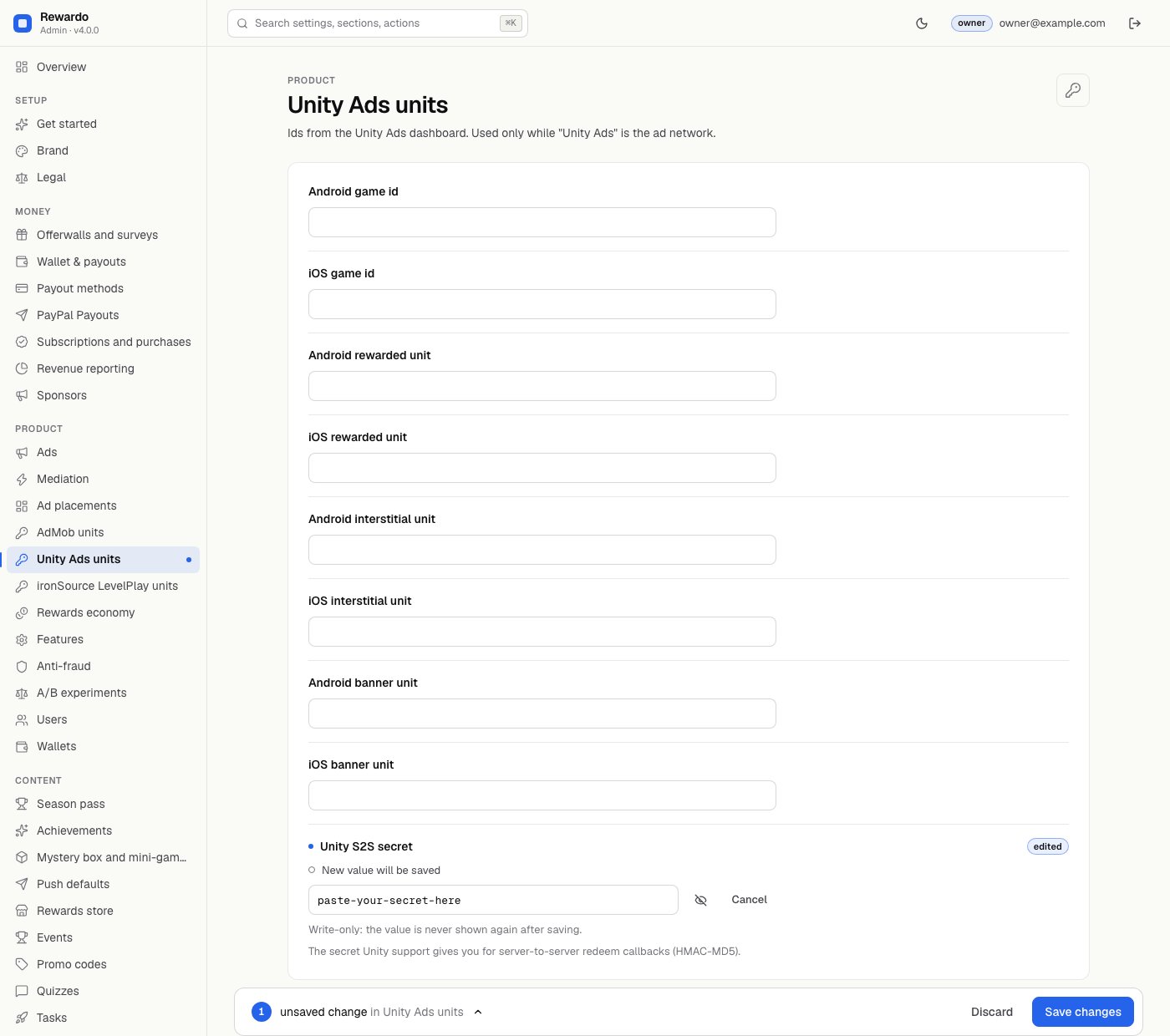 Console Unity Ads units page with the game and unit id fields and the Unity S2S secret field opened for a new value, showing a placeholder value