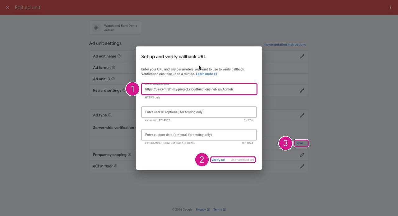 AdMob Set up and verify callback URL dialog with the callback URL field, Verify url and Use verified url, and Save highlighted