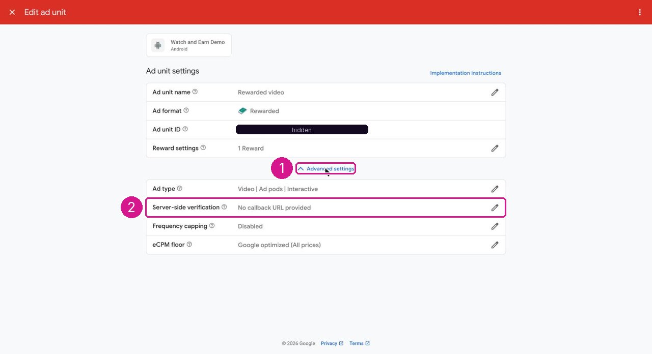 AdMob Edit ad unit page with Advanced settings and the Server-side verification row highlighted
