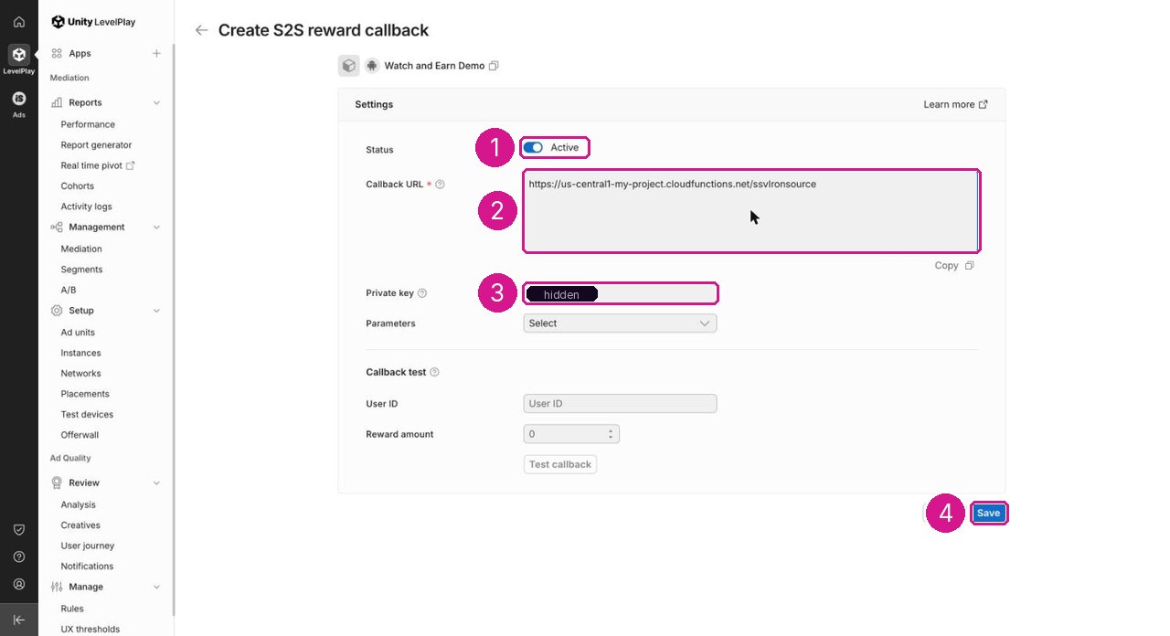 LevelPlay Create S2S reward callback form with Status, Callback URL, Private key and Save highlighted