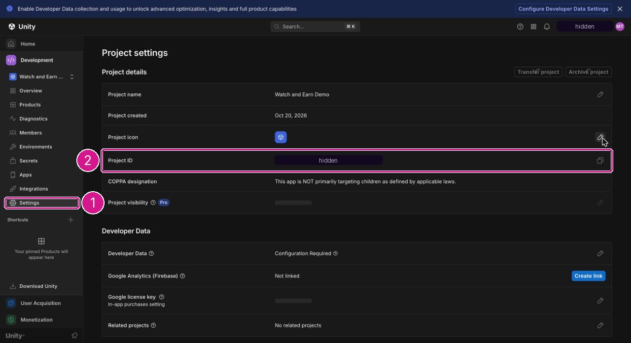Unity dashboard, Development, project settings of Watch and Earn Demo with the Project ID row highlighted